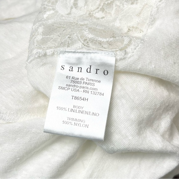 *SANDRO Ivory Linen Scallop Floral Lace Panel Short Cuff Sleeve Scoop Neck Top S - Picture 4 of 6